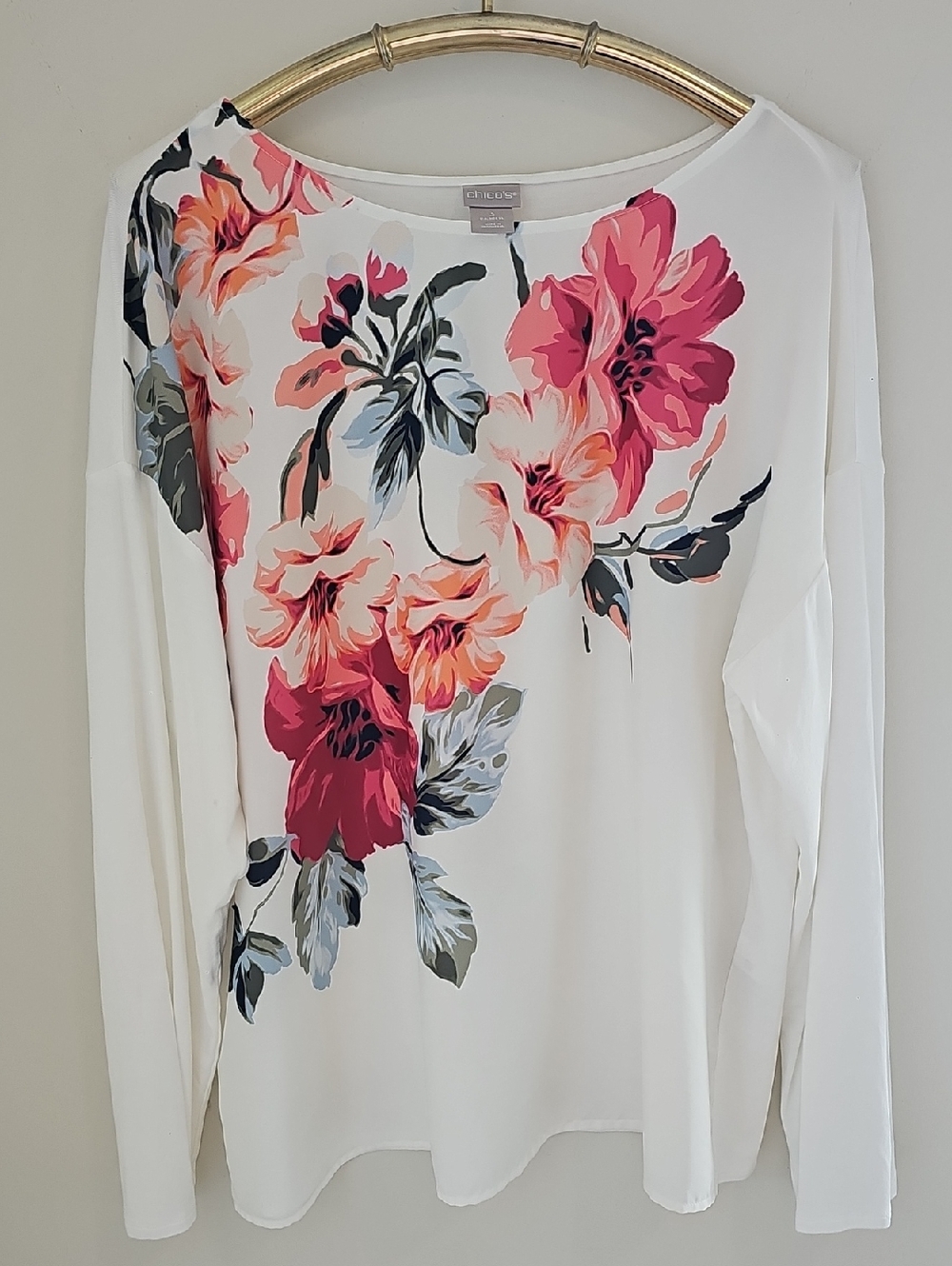 Chico's White Long Sleeve Tee with Pink & Coral Floral Print